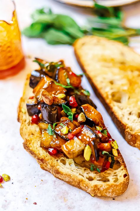 Eggplant Toast, Eggplant Pomegranate, Vegan Eggplant, Pomegranate Salad, Pomegranate Molasses, On Toast, Pomegranate Seeds, Appetizer Dips, Vegetable Pizza