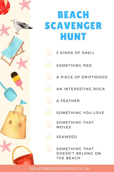 illustrated list of things to find on a beach. Text says beach scavenger hunt Beach Activities For Toddlers, Treasure Hunt For Toddlers, Beach Worksheet, Beach Vacation Activities, Beach Science, Beach Activities For Kids, Beach Thanksgiving, Beach Scavenger Hunt, Birthday At The Beach