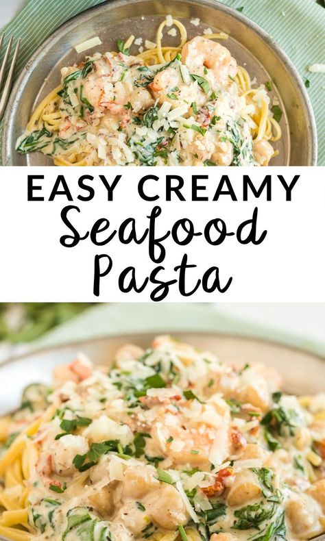 This Easy Creamy Seafood Pasta is a delicious summer dinner recipe! This seafood dish is bursting with a creamy flavor of spices, shrimp, scallops and pasta. It’s a delicious meal served with a tossed salad and bread. Scallops And Pasta, Creamy Seafood Pasta, Creamy Seafood, Seafood Salad Pasta, Shrimp Scallops, Seafood Pasta Recipes, Shrimp Recipes For Dinner, Tossed Salad, Summer Recipes Dinner