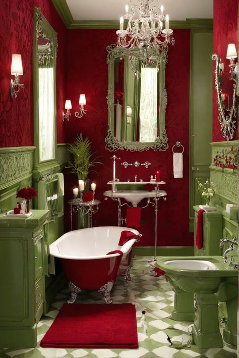 What’s the Sage Green Whispers: Ruby Red Bathroom Romance [2024]? All You Need to Know! #Ad #homedecor #homedesign #fixhome #Painthome #interiorarchitecture Green And Red Bathroom, Red And Green Bathroom, Green And Red Kitchen, Red Bathrooms, Red Theme Bathroom, Red Bathroom Aesthetic, Red And Green Room Aesthetic, Red Toilet, Strawberry Bathroom Aesthetic