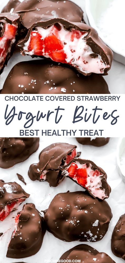 Indulge in these heavenly Chocolate Covered Strawberry Yogurt Bites! Made with fresh strawberries, creamy strawberry Greek yogurt, and dipped in rich chocolate, they're a guilt-free treat perfect for satisfying your sweet cravings. The perfect healthy summer treat! Chocolate Covered Strawberry Yogurt, Strawberry Yogurt Bites, Strawberry Greek Yogurt, Strawberry Frozen Yogurt, Frozen Yogurt Bites, Yogurt Bites, Covered Strawberry, Chocolate Covered Strawberry, Vegan Snack