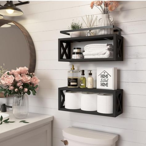 Bathroom Wall Organizer, Metal Guardrail, Bathroom Tiny, Rustic Wood Shelves, Farmhouse Bathroom Accessories, Over Toilet Storage, Accent Shelf, Shelves For Wall, Personal Retreat