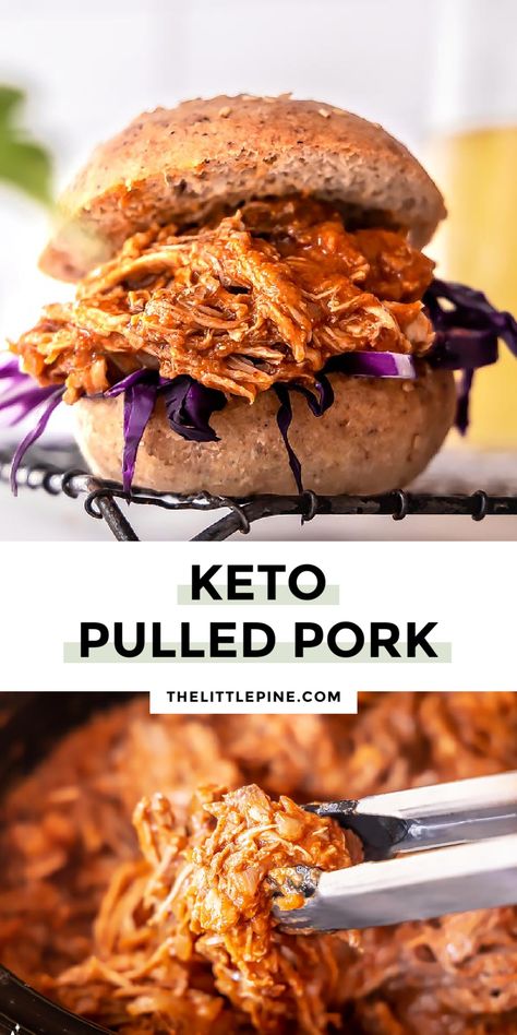 *NEW* This smoky, juicy, and succulently tender keto pulled pork is jam-packed with powerful flavors from the homemade (and sugar-free!) BBQ sauce! #lowcarbpulledpork #ketopulledpork Keto Pulled Chicken, Keto Pulled Pork, Low Carb Pulled Pork, Pulled Pork Crock, Sugar Free Bbq Sauce, Pulled Pork Sauce, Pulled Chicken Recipes, Crockpot Slow Cooker, Crock Pot Pulled Pork Recipe