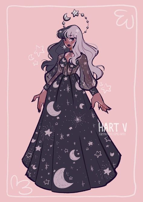 Star Dress Drawing, Space Oc Art, Toddler Costume Ideas, Moon Character Design, Celestial Character Design, Art Outfit, Clothing Sketches, Dress Design Drawing, Easy Toddler