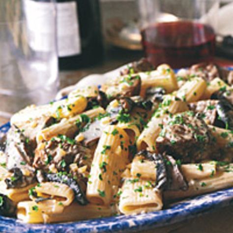 This full-flavored dish will satisfy the hardiest of appetites. Roquefort cheese would also taste terrific in the sauce. Plus: More Pasta Recipes and ... Rigatoni Recipes Easy, Leek Pasta, Pasta Beef, Gorgonzola Sauce, Roquefort Cheese, Rigatoni Recipes, Pasta Food Recipes, Recipes Cheese, Steak And Mushrooms