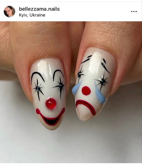 Clown Face Nails, Circus Theme Nails, Pink Clown Nails, Jester Nails, Clowncore Nails, Clown Nail Art, Clown Nails, Clown Mask, Clown Faces