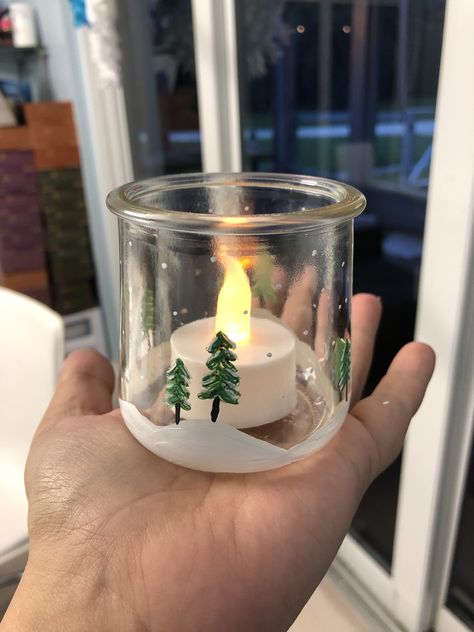 Glass Enamel Paint and a flameless LED tealight Glass Painting Jars Ideas, Painted Christmas Jars, Candle Jar Painting Ideas, Candle Jar Painting, Christmas Jar Painting, Christmas Jar Painting Ideas, Jar Painting Aesthetic, Candle Glass Jar Ideas, Oui Jar Crafts