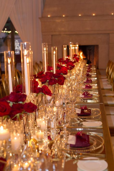 Glam and modern wedding. event and floral design by inviting occasion.  Photos by studioEMP. Burgundy red and gold wedding. Tablescape. Candles. Pelican Hill reception Red Gold Wedding, Red Wedding Decorations, Quince Decorations, Red Wedding Theme, Tafel Decor, Quinceanera Decorations, Formal Dinner, Long Table, Glamorous Wedding