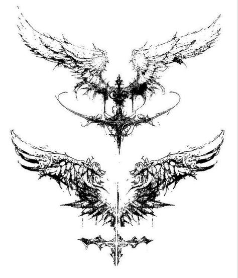 Thread Ideas Twitter, Wings Cybersigilism, Cybersigilism Wings Tattoo, Angel Cybersigilism, Horizontal Tattoo Ideas For Men, Aggrogoth Tattoo Design, Chicken Scratch Tattoo, Gothic Medieval Tattoo, Neotribal Wings