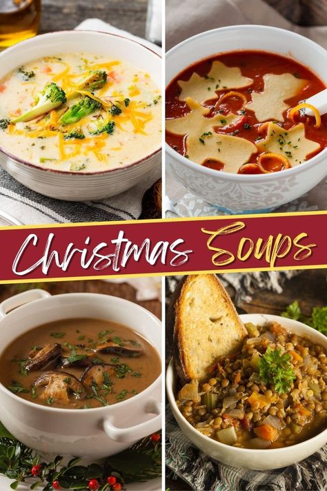 These Christmas soups are perfect for any holiday table! Make your feast even better with potato, broccoli cheddar, butternut squash, and more delicious soup recipes! Easy Thanksgiving Soup Recipes, December Soup Recipes, Soup For Ladies Luncheon, Soup And Sandwich Christmas Party, Appetizer Soup Recipes, Best Christmas Soup Recipes, Soups For Thanksgiving Dinner, Christmas Soups Party, Popular Soups Recipes