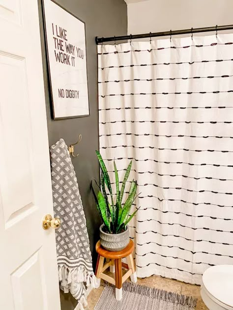 Ivory and Black Woven Stripe Taylor Shower Curtain | World Market Black And White Boho Bathroom, Black And White Shower Curtain, Condo Bathroom, Farmhouse Shower Curtain, Black Shower Curtains, Boho Bathroom Decor, Affordable Apartments, Modern Shower Curtains, Boho Shower Curtain