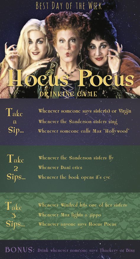 Host a Hocus Pocus Drinking Game Night – Best Day of the Week Drinking Game Night, Hocus Pocus Drinking Game, Halloween Drinking Games, Movie Drinking Games, Hocus Pocus Movie, Hocus Pocus Party, Hocus Pocus 2, Drinking Games For Parties, Halloween Movie Night