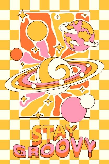 Vector groovy poster in the style of the... | Premium Vector #Freepik #vector Retro Pictures Aesthetic, Colorful Vector Art, Indie Groovy Graphic, Disco Illustration Graphic Design, Sunshine Graphic Design, Retro Cartoon Art, 80s Drawings, 70s Groovy Art, Retro Aesthetic Bedroom