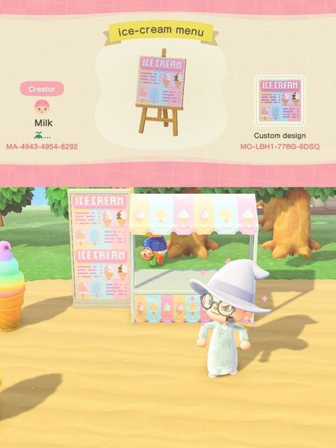 Acnh Ice Cream Menu Design, Ice Cream Acnh Code, Acne Stall Codes, Ice Cream Stall Design Animal Crossing, Animal Crossing Ice Cream Stall, Acnh Ice Cream Stall Design, Acnh Ice Cream, Acnh Stall Ideas, Acnh Wonderland