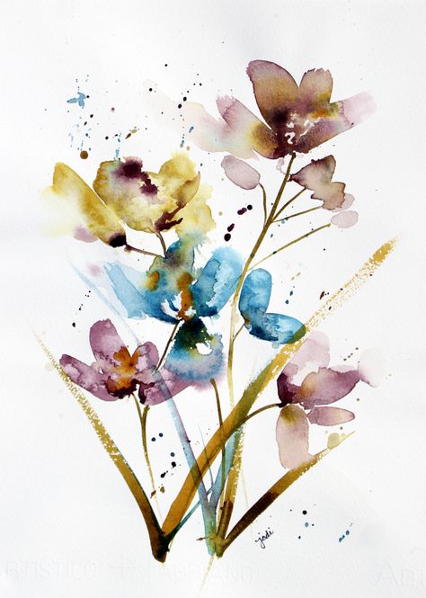 Creative Inspiration in Food, Watercolor, Photography, Writing and Life in Between. Loose floral botanical watercolor in blues violets and olive gold - painting - art Painting Abstract Flowers, Watercolor Painting Abstract, Botanical Drawing, Contemporary Watercolor, Abstract Botanical, Flower Art Images, Floral Abstract, Print Flower, Botanical Painting