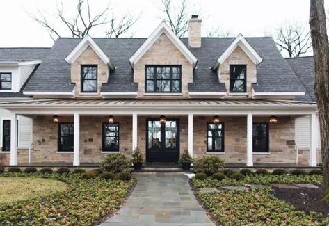 13 Exterior House Colors That Go With Black Window Frames | Hunker Brick Exterior With Black Windows, Exterior With Black Windows, Craftsman Front Porch Ideas, Midcentury Modern Front Door, Craftsman Front Porch, Jean Stoffer, Rustic Front Door, Exterior Color Palette, Black Window Frames