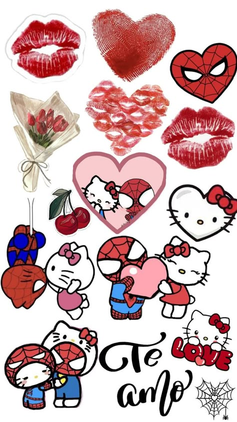 Spiderman y Hello Kitty Spiderman Stickers, Drawings For Him, Hello Kitty Stickers, Hand Doodles, Love Scrapbook, Hello Kitty Imagenes, Valentines Day Coloring, Kitty Drawing, Cards For Boyfriend