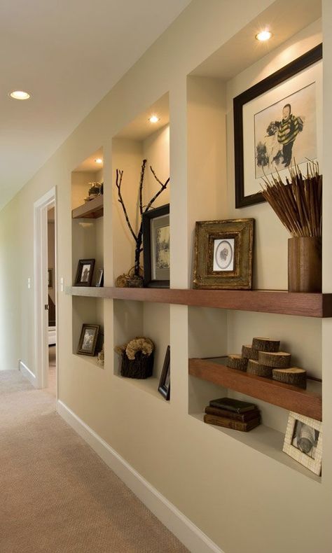 Recessed Shelves Living Room, Small Bathroom Decoration, Modern Study Rooms, Bedroom Transitional, Recessed Shelves, Home Decor Wallpaper, Study Room Design, Transitional Decor Kitchen, Upstairs Hallway