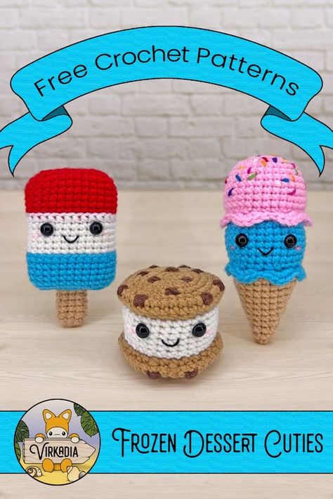 FREE frozen dessert crochet patterns coming SOON! |🧊 Ice Pop Cutie 🧊| |🍪 Cookie Ice Cream Sandwich Cutie 🍪| |🍦Ice Cream Cone Cutie 🍦| The sun outside is sweltering, which only makes the frozen treats inside that much more sweet. As you retreat indoors to fend off the heat, there’s no better way to continue the summer adventures than with these free amigurumi patterns! Crochet Ice Cream Sandwich, Sandwich Crochet Pattern, Ice Cream Amigurumi Free Pattern, Crochet Ice Cream Keychain, Dessert Crochet, Crochet Dessert, Crocheted Food, Crochet Tea Cup, Cookie Ice Cream Sandwich