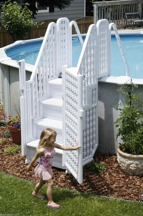 Above Ground Pool Landscape, Intex Above Ground Pools, Above Ground Pool Steps, Swimming Pool Ladders, Piscina Intex, Children Swimming Pool, Best Above Ground Pool, Pool Ladder, Pool Deck Ideas