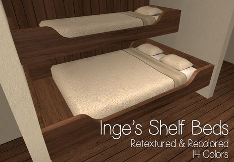 I needed these for my cabin/”hotel”-building project. Thought I’d share. I included Inge’s meshes for both the double and single bed. (They’re repositoried; the single bed is the master.) Download... Cabin Hotel, Bedroom Closet Storage, Cc Folder, The Sims 4 Packs, Sims 4 Cc Folder, Bed Shelves, Los Sims, Sims 4 Cc Furniture, Sims 4 Build