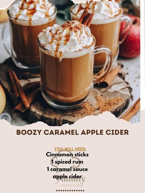 🍎✨ Fall in love with the perfect blend of sweet and boozy flavors in this tantalizing Boozy Caramel Apple Cider! 🥃🍁 Boozy Caramel Apple Cider Ingredients: - 4 cups apple cider - 1/2 cup caramel sauce - 1/2 cup spiced rum - Cinnamon sticks - Whipped cream - Caramel drizzle Instructions: 1. In a saucepan, heat apple cider and caramel sauce over medium heat. 2. Stir until caramel is fully melted and incorporated. 3. Remove from heat and stir in spiced rum. 4. Pour the cider into mugs and garn... Apple Cider Ingredients, Caramel Apple Cider, Cozy Fall Recipes, Cream Caramel, Apple Cider Caramels, Caramel Drizzle, Festive Drinks, Spiced Rum, Caramel Apple