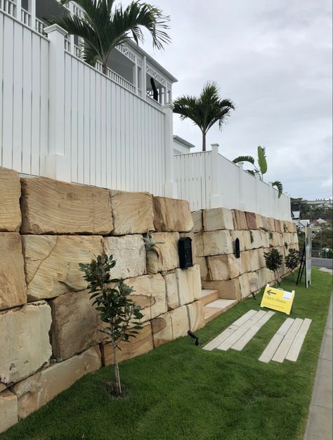 Sandstone Retaining Wall, Sandstone Fence, Fence On Retaining Wall, Front Retaining Wall, Boundary Wall Ideas, Victorian Exterior, Boundary Wall, Timber Fencing, White Fence