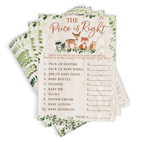 Woodland Baby Shower Game, Baby Shower Games For Large Groups, Birthday Wine Bottle Labels, Easy Baby Shower Games, Animal Baby Shower Games, Forest Animal Baby Shower, Price Is Right Games, Baby Shower Game Cards