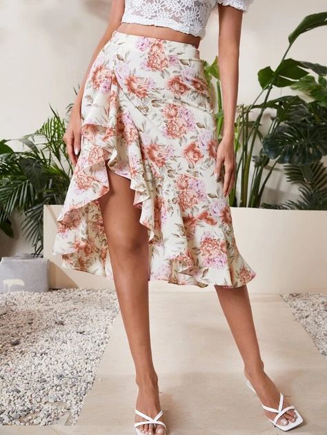 SHEIN Floral Print Ruffle Asymmetrical Hem Skirt | SHEIN USA Asymmetrical Skirt Outfit, Plus Size Fall Fashion, Women Bottoms, Tango Dress, Fashion Design Collection, Glamour Dress, Stretch Skirt, Stylish Work Outfits, Floral Outfit