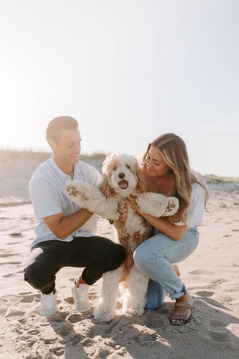 Engagement Photo Inspo With Dog, Navy Blue Engagement Pictures, Engagement Photoshoot Ideas Beach With Dog, Beach Engagement Shoot With Dog, Couple And Dog Photoshoot Beach, Summer Couple Photoshoot With Dog, Cape Cod Engagement Photos, Beach Engagement Photos With Dog, Engagement Photos Ideas With Dog