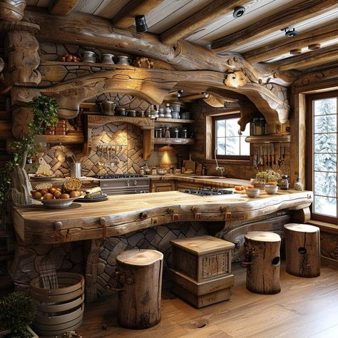 Winter Interior Design, Log Cabin Kitchen, Log Cabin Interior, Cabin Kitchens, Rustic Home Design, Hobbit House, Log Cabin Homes, Fantasy House, Kitchen Inspiration Design