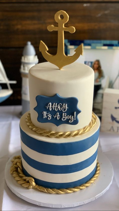 Nautical Themed Cake, Ahoy Its A Boy Cake, Ahoy Its A Boy Baby Shower Ideas, Nautical Theme Cake, Nautical Baby Shower Cake, Nautical Baby Shower Boy, Baby 2024, Nautical Cake, Ahoy Its A Boy