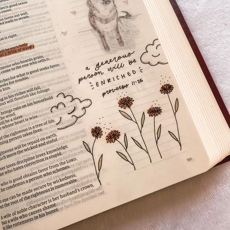 “A generous person will be enriched, and the one who gives a drink of water will receive water.” Proverbs‬ ‭11‬:‭25‬ 💐 - Inspo: @gabbysbible :) Proverbs 11:25, Proverbs Bible Journaling, Bible Study Journaling, Bible Drawings, Bible Highlighting, Bible Lettering, Inspire Bible, Bible Drawing, Proverbs 11