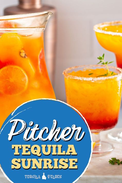 Pitcher tequila sunrise recipe Tequila Sunrise Pitcher, Big Batch Tequila Sunrise, Tequila Sunrise Pitcher Recipe, Tequila Pitcher Cocktails, Tequila Punch Recipes, How To Make Tequila, Tequilla Sunrise, Tequila Punch, Tequila Orange Juice