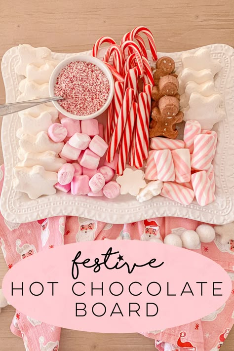 Festive Hot Chocolate Board Idea Christmas Treat Board Ideas, Hot Cocoa Bar Kids, Cute Hot Cocoa Bar, Hot Chocolate Party For Kids, Christmas Party Inspo Aesthetic, Pink Christmas Theme Party, Nutcracker Birthday Party Ideas, Pink Friendsmas Party Ideas, Pink Christmas Sleepover