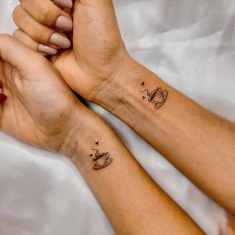 Coffee Best Friend Tattoo, Coffee Friend Tattoo, Matching Coffee Tattoos For Best Friends, Tea And Coffee Tattoo Matching, Coffee Couple Tattoo, Coffee Lover Tattoo Ideas, Minimalist Coffee Tattoo, Matching Coffee Tattoos, Cup Of Coffee Tattoo