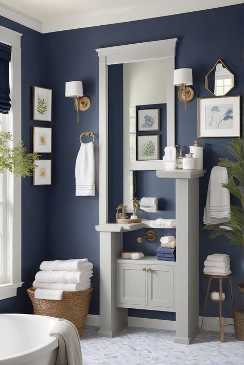 Get inspired by the deep blue hue of Hale Navy (HC-154) for a striking nautical touch in your bathroom decor. Dive into a daily dose of interior design inspiration! #Ad #homedecor #homedesign #bathroom #Painthome interiorarchitecture best Wall Colors for Bathroom Colors
Bright Room Colors
best colors combinations bathroom
bathroom Remodeling
Modern Paint Colors
2024 Blue Wall Bathroom Ideas Paint, Navy Blue Wall Bathroom, Hale Navy Bathroom Walls, Navy Bathroom Walls, Navy Blue And White Bathroom, Bathroom Colors Blue, Blue Powder Rooms, Popular Living Room Colors