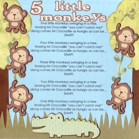 5 little monkeys - Scrapbook.com  Fun idea to scrap song lyrics-use as room decor 5 Little Monkeys, Nursery Rhymes Lyrics, Transition Songs, Children Songs, Circle Time Songs, Five Little Monkeys, Action Songs, Nursery Rhymes Songs, Preschool Music