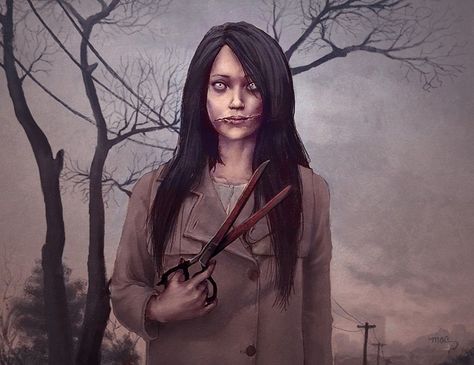 Kuchisake-onna Kuchisake Onna, Japanese Urban Legends, Famous Legends, Creepy Games, Japanese Legends, Women Facts, Monster Artwork, Japanese Horror, She Mask