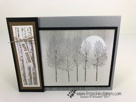 Winter Woods is perfect for a masculine card and can be so soft and simple. All product by Stampin'Up! and available at frenchiestamps.com Winter Tree Crafts, Winter Gif, Stampin Up Anleitung, Man Cards, Winter Woods, Thanksgiving Card, Wood Card, Tree Stamp, Masculine Birthday Cards