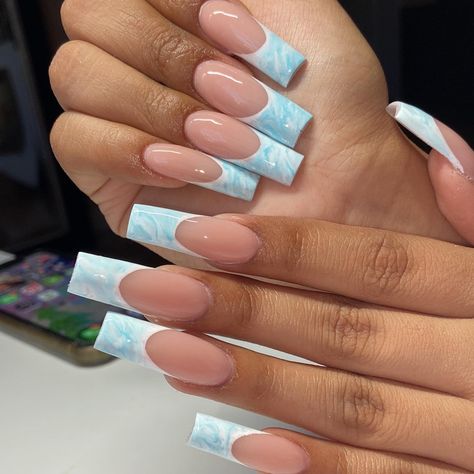 Teal French Tip Nails Coffin, Short Acrylic Blue French Tip, Ocean Blue French Tip Nails, Blue French Tip Nails Coffin Medium, Blue Marble French Tip Nails, Marble French Tip, Blue French Tips, 2024 Nails, French Manicure Nails