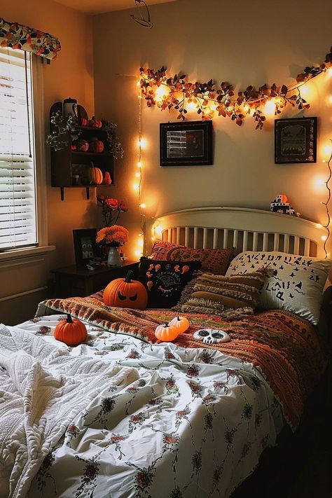 #HalloweenBedroom #SpookyDecor #HauntedHouse #TrickOrTreat #GhoulishBedroom #PumpkinPatches #WitchyVibes #CreepyCrawlies #GhostlyBedroom #CostumeParty #FrightNight #HalloweenHome #ScaryDecor #Boo-tifulBedroom #JackOLanterns Halloween Decorations Bedroom, Halloween Wishlist, Eerie Lighting, Fall Room Ideas, Autumn Bedroom Decor, Fall Apartment, Fall Apartment Decor, Fall Szn, Bedroom Board