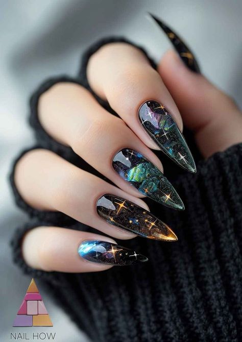 Blue Topaz Nails, Royal Blue Nail Art, Celestial Nail Designs, Galaxy Nail Designs, Royal Blue Nails Designs, Blue Stiletto Nails, Cosmic Nails, Bow Nail Designs, Galaxy Nail