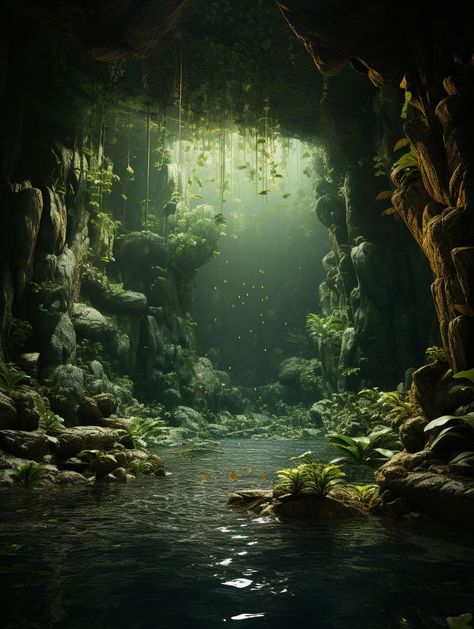 Fantasy Spring Landscape, Nature Fantasy Aesthetic, Dark Fantasy Setting, Fantasy World Concept Art, Fantasy River, Magical Forest Aesthetic, Fantasy Cave, Cave Water, Magical Cave