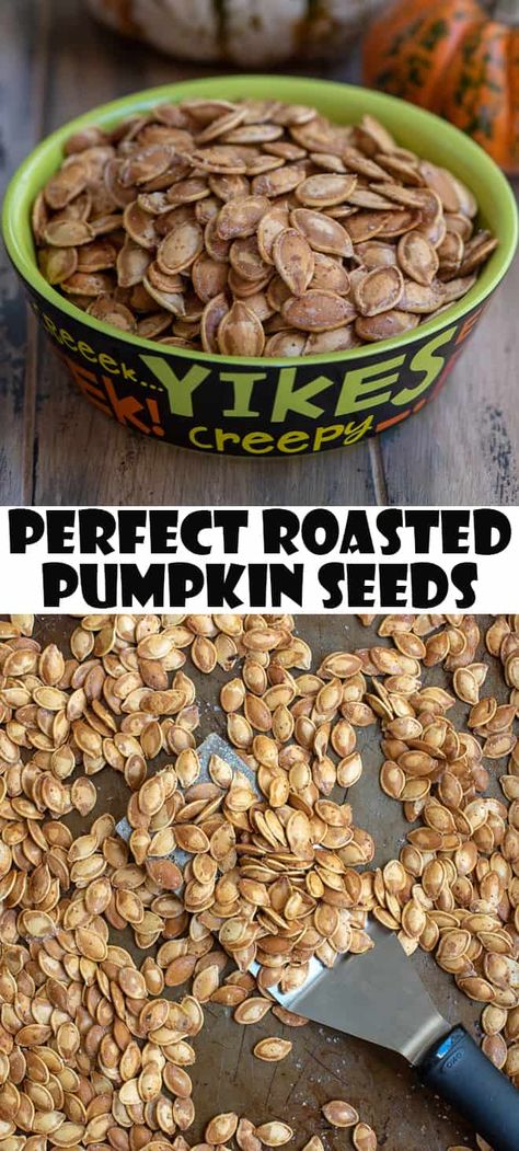 My tried and true method and step-by-step tutorial for roasting pumpkin seeds. It wouldn't be Halloween in our house without these Perfect Roasted Pumpkin Seeds. #pumpkinseeds #roastedpumpkinseeds #halloween #halloweenrecipes Pumpkin Spice Pumpkin Seeds, Pumpkin Seed Recipes Roasted, How To Roast Pumpkin, Roast Pumpkin Seeds, Pumpkin Seeds Recipe, Pumpkin Seed Recipes, Carving Pumpkins, How To Roast, Roasted Pumpkin