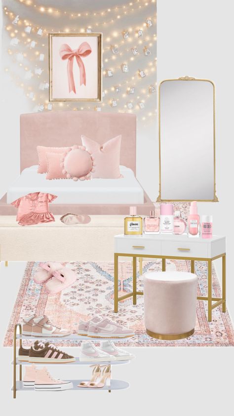 Bush pink gold room Pink Gold Room, Room Shuffles, Comfy Room Ideas, Ocean Room Decor, Room Wishlist, Purple Room Decor, Girl Apartment Decor, Gold Room, Pink Girl Room