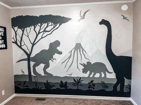 Boys Dinosaur Room, Dinosaur Bedroom Wall, Black And White Mural, Mural Hand Painted, Dinosaur Mural, Boys Dinosaur Bedroom, Dinosaur Boys Room, Hand Painted Mural, Boys Room Mural