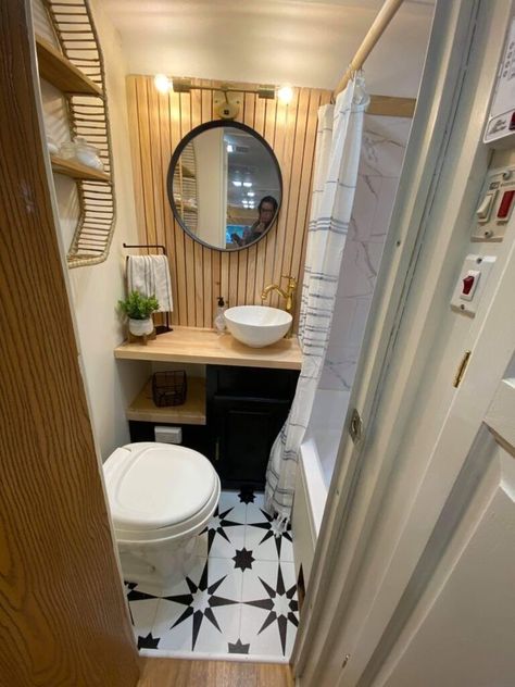 Renovated Rv Bathroom, Modern Rv Bathroom, Toy Trailer Remodel, Modern Camper Remodel, Tiny Camper Bathroom, Cute Rv Interior, Rv Fireplace Ideas, Rv Remodel Bathroom, Small Motorhome Remodel