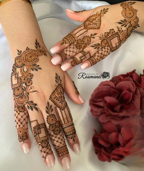 How beautifully does this design complement her hands 😍 Design inspo @fizamehndi - - #henna #hennaart #hennaartist #hennadesign #hennatattoo #hennainspire #hennainspo #mehndi #mehndidesigns #mehndiartist #mehndiinspo #mehndiinspiration Latest Mehndi Designs Back Hand, Mehndi Designs Full, Peacock Henna, Traditional Mehndi, Mahendi Designs, Calligraphy Background, Hands Design, Simple Mehendi Designs, Henna Designs Wrist