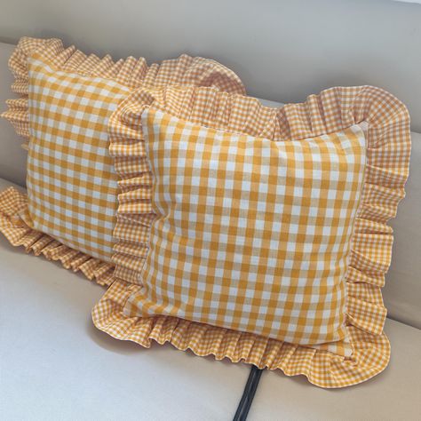 Ruffle Gingham Throw Pillow Cover Yellow and White & Other Colors, Frilled Euro Sham, Custom Buffalo Check Cushion Covers, Decorative Accent by EledaHomeDecor on Etsy Blue Gingham Bedroom, Gingham Bedroom, Checkered Chair, Ruffle Curtains, Plaid Curtains, Textile Recycling, Light Blue Plaid, Checked Cushions, Plaid Pillow Covers